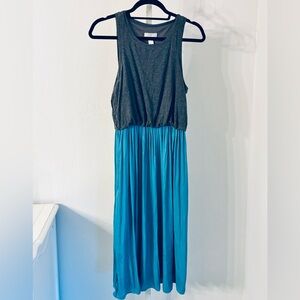 Loft Petite Two Tone Sleeveless Blouson Dress in Gray and Teal Blue, Size Medium